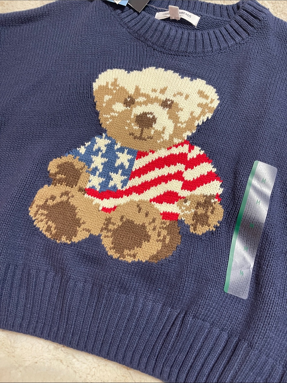 Grayson Threads Navy Teddy Bear Intarsia Crewneck Sweater with Flag Motif